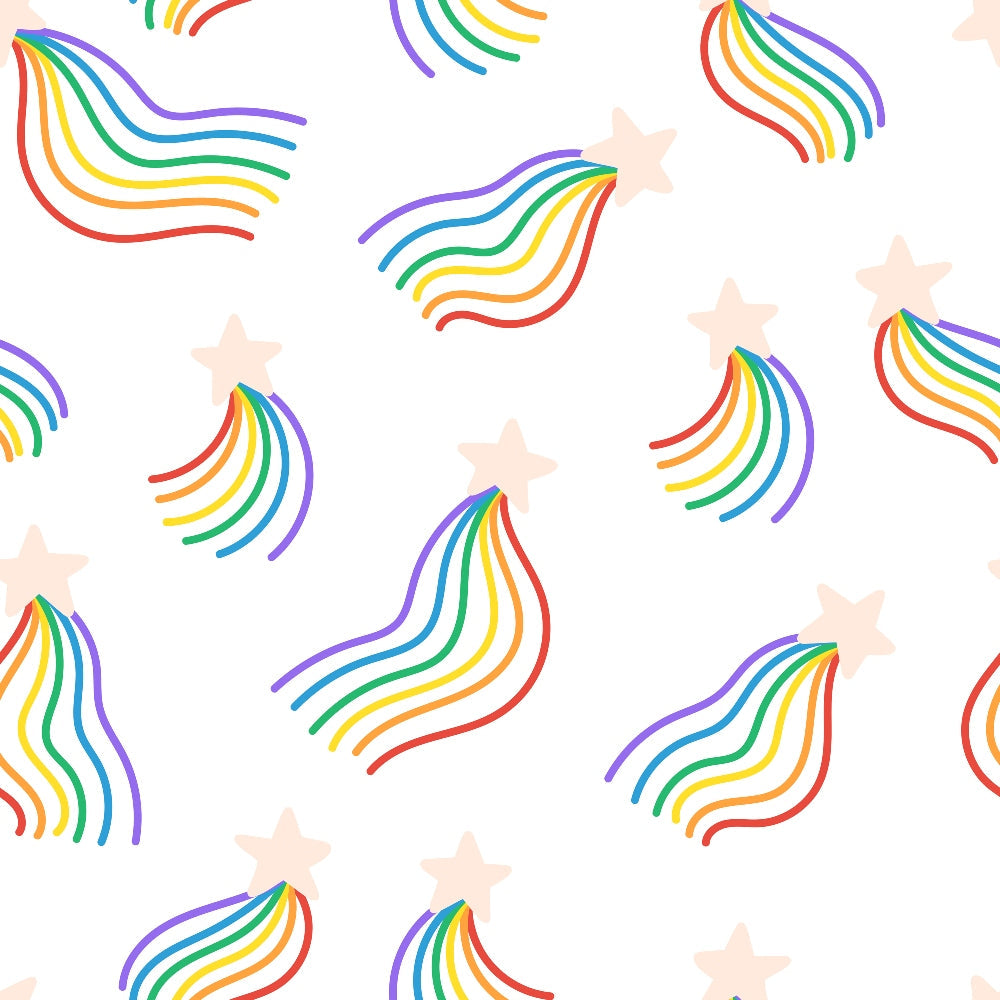 rainbow stripes, curved lines, flowing waves, pale pink stars, white background, red, orange, yellow, green, blue, purple,, fabric panel, lgbtq pride, rainbow colors, geometric patterns, love theme, bright colors, wavy stripes, star motifs