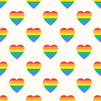 rainbow hearts, pride colors, repeating pattern, red, orange, yellow, green, blue, purple, heart shapes, lgbtq symbolism, love theme, geometric design, bright colors, vibrant stripes,, fabric panel, colorful motifs, equality message, cheerful mood