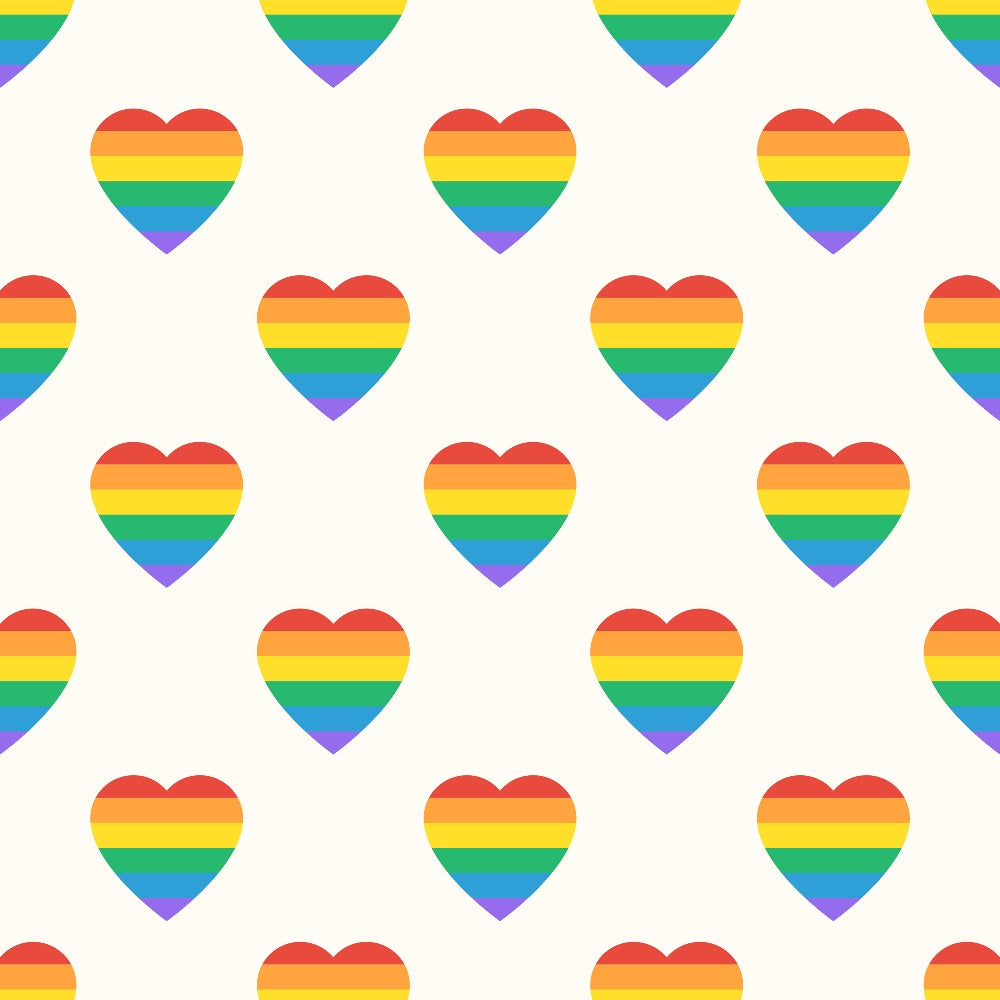 rainbow hearts, pride colors, repeating pattern, red, orange, yellow, green, blue, purple, heart shapes, lgbtq symbolism, love theme, geometric design, bright colors, vibrant stripes,, fabric panel, colorful motifs, equality message, cheerful mood