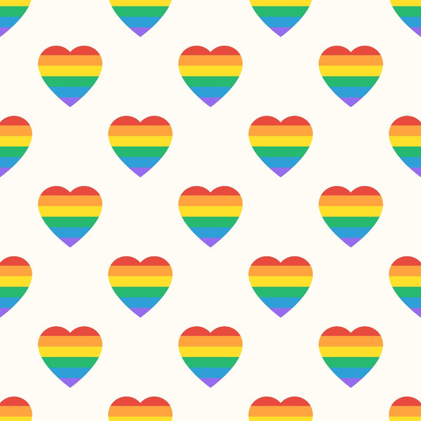 rainbow hearts, pride colors, repeating pattern, red, orange, yellow, green, blue, purple, heart shapes, lgbtq symbolism, love theme, geometric design, bright colors, vibrant stripes,, fabric panel, colorful motifs, equality message, cheerful mood