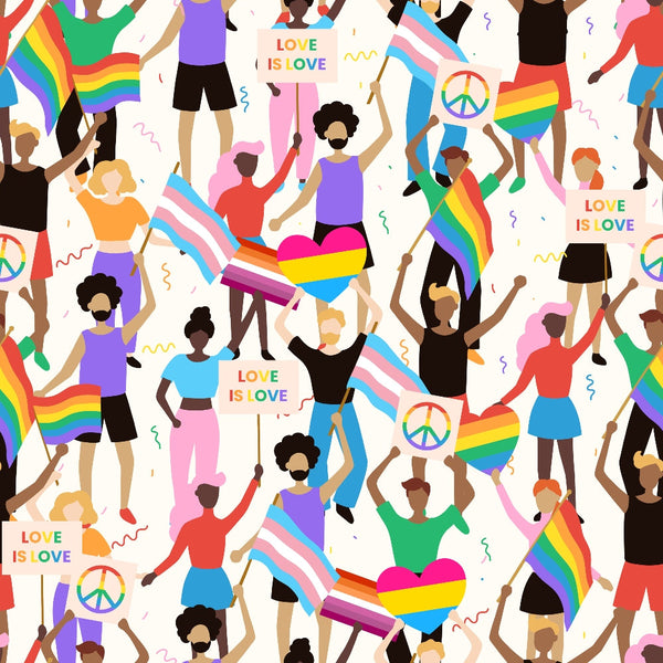 rainbow colors, pride flags, diverse people, celebration scene, peace symbols, colorful hearts, love theme, festive gathering, lgbtq+ pride,, fabric panel, joyful crowd, equality message, vibrant illustration, community celebration, multicultural figures, cheerful atmosphere, cotton fabric, repeating pattern, uplifting design