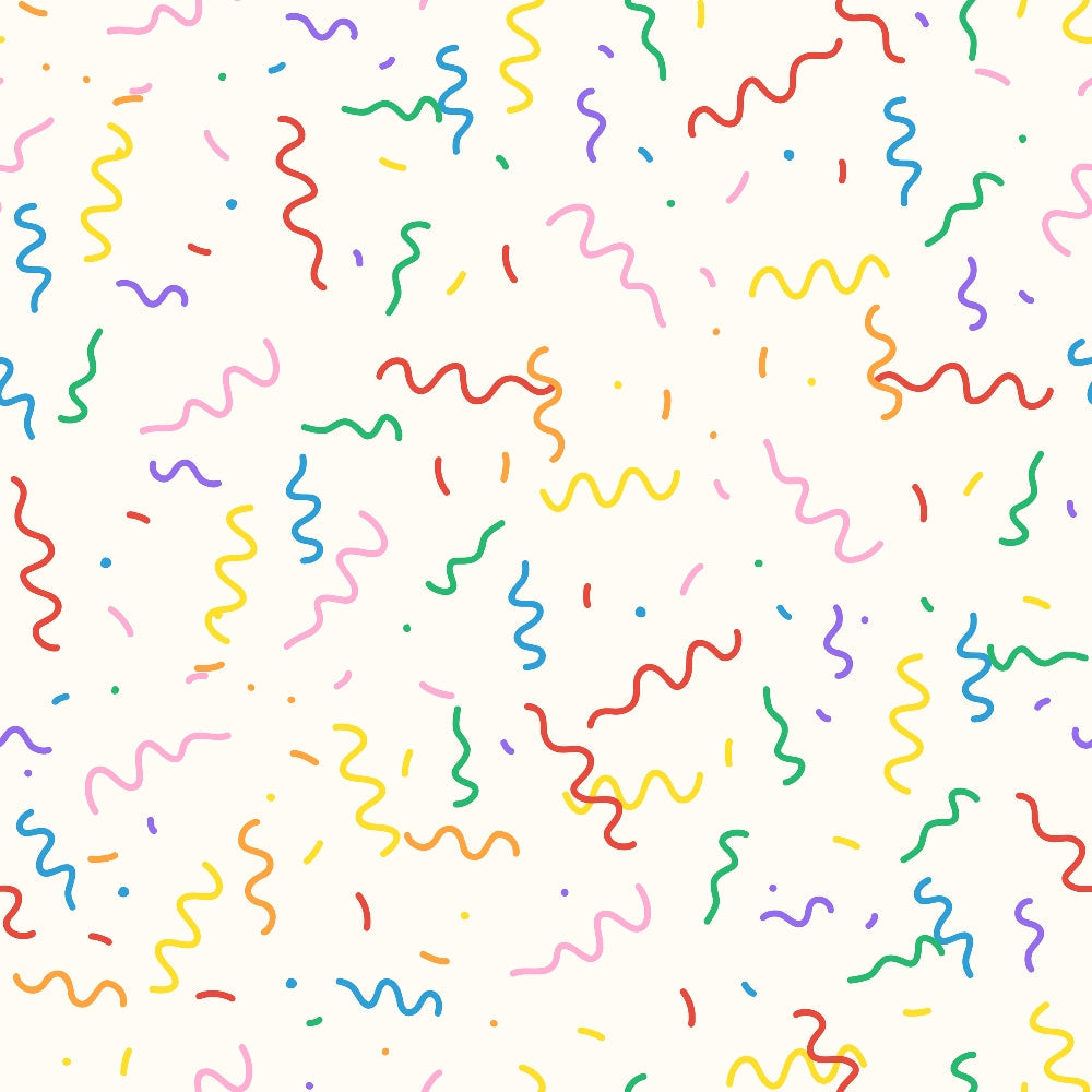 colorful squiggles, wavy lines, confetti pattern, rainbow colors, red, blue, yellow, green, pink, purple, orange, abstract design, playful pattern, celebration theme, festive mood,, fabric panel, geometric shapes, scattered dots, whimsical style