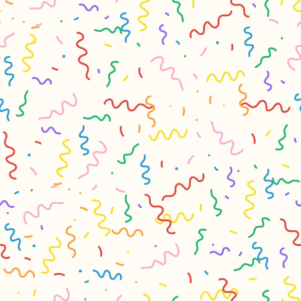 colorful squiggles, wavy lines, confetti pattern, rainbow colors, red, blue, yellow, green, pink, purple, orange, abstract design, playful pattern, celebration theme, festive mood,, fabric panel, geometric shapes, scattered dots, whimsical style