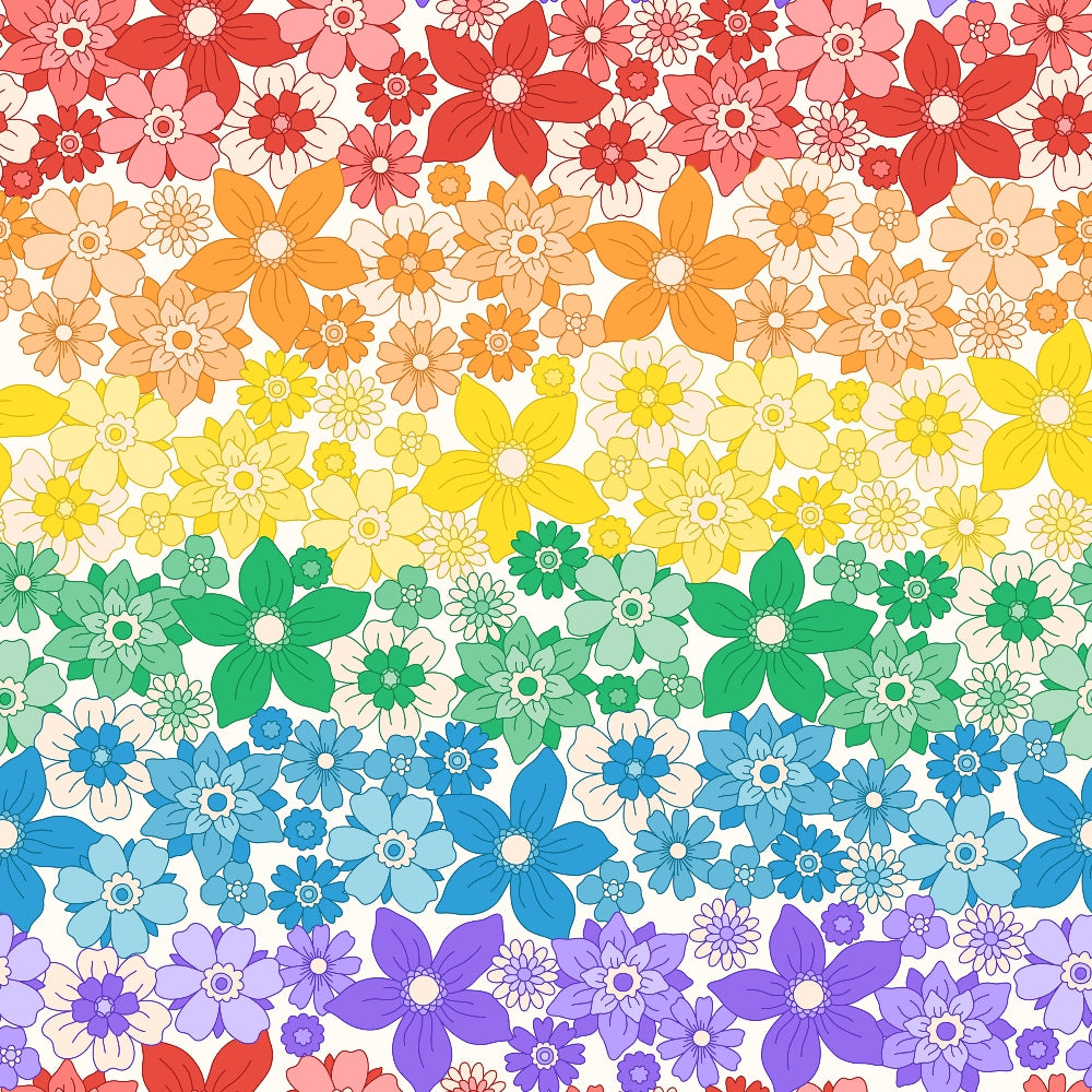 rainbow flowers, floral pattern, multicolored blooms, red flowers, orange flowers, yellow flowers, green flowers, blue flowers, purple flowers, gradient design, repeating motif,, fabric panel, cheerful mood, vibrant colors, spring theme, botanical design, seamless pattern, crafting material, colorful petals