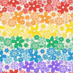 rainbow flowers, floral pattern, multicolored blooms, red flowers, orange flowers, yellow flowers, green flowers, blue flowers, purple flowers, gradient design, repeating motif,, fabric panel, cheerful mood, vibrant colors, spring theme, botanical design, seamless pattern, crafting material, colorful petals