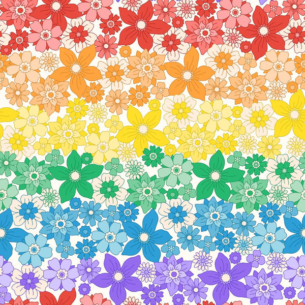 rainbow flowers, floral pattern, multicolored blooms, red flowers, orange flowers, yellow flowers, green flowers, blue flowers, purple flowers, gradient design, repeating motif,, fabric panel, cheerful mood, vibrant colors, spring theme, botanical design, seamless pattern, crafting material, colorful petals