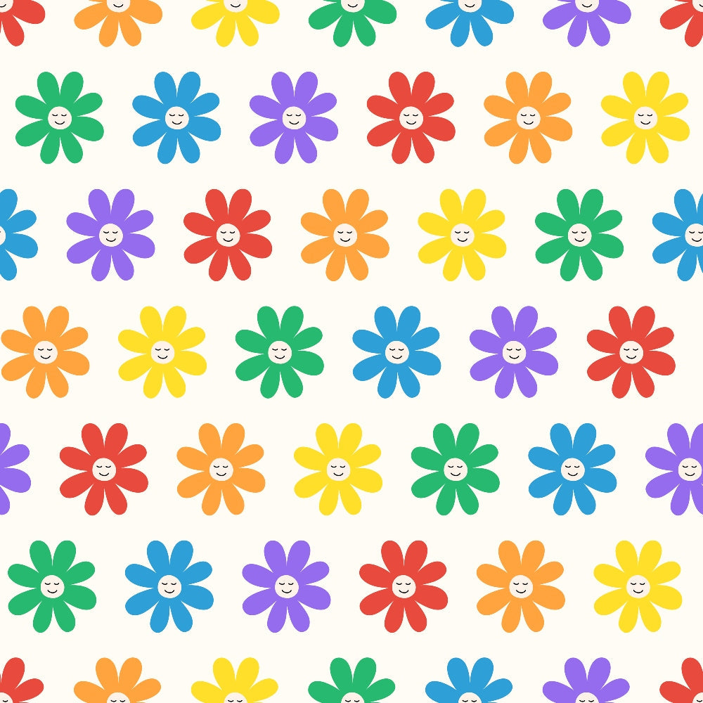 colorful flowers, smiling faces, happy flowers, red petals, orange petals, yellow petals, green petals, blue petals, purple petals, rainbow colors, cheerful pattern, repeating design, cartoon style, whimsical flowers, bright colors,, fabric panel, joyful mood, floral motifs, vibrant hues