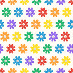 colorful flowers, smiling faces, happy flowers, red petals, orange petals, yellow petals, green petals, blue petals, purple petals, rainbow colors, cheerful pattern, repeating design, cartoon style, whimsical flowers, bright colors,, fabric panel, joyful mood, floral motifs, vibrant hues