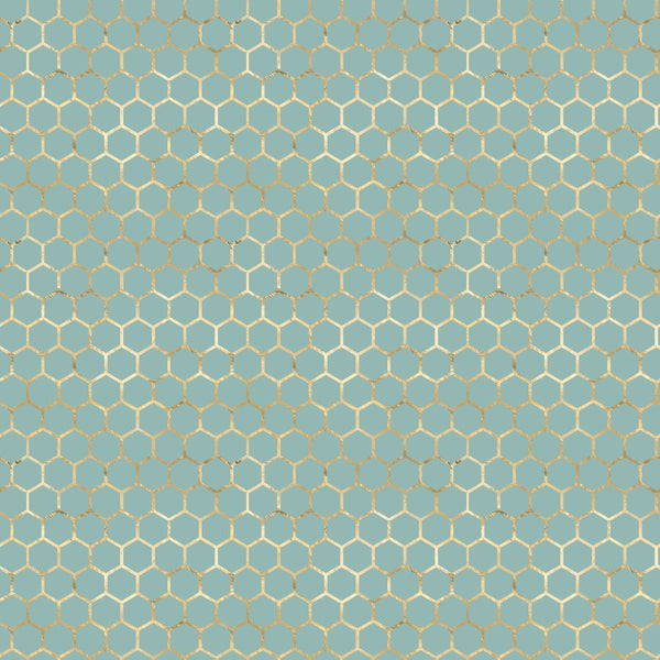 honeycomb pattern, hexagonal design, sage green, muted green, golden yellow, geometric pattern, bee-inspired, nature motif,, fabric panel, soft pastels, repeating pattern, modern geometric, craft fabric, sewing material, contemporary design, subtle texture, coordinating colors