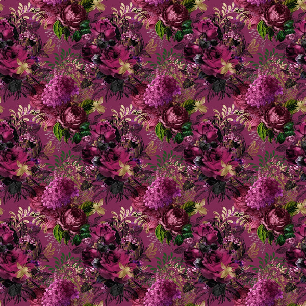 purple, magenta, burgundy, floral pattern, roses, peonies, hydrangeas, botanical design, vintage flowers,, fabric panel, romantic blooms, garden flowers, layered florals, rich purples, flower bouquets, ornate floral, luxurious blooms, deep violet, antique rose