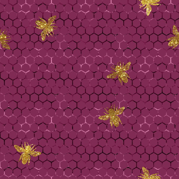 burgundy, maroon, gold, honeycomb pattern, hexagonal, bees, glitter bees, geometric,, fabric panel, insect motif, nature inspired, shimmer, metallic accents, beehive design, pollinator theme, crafting material, sewing fabric, modern pattern, wildlife design