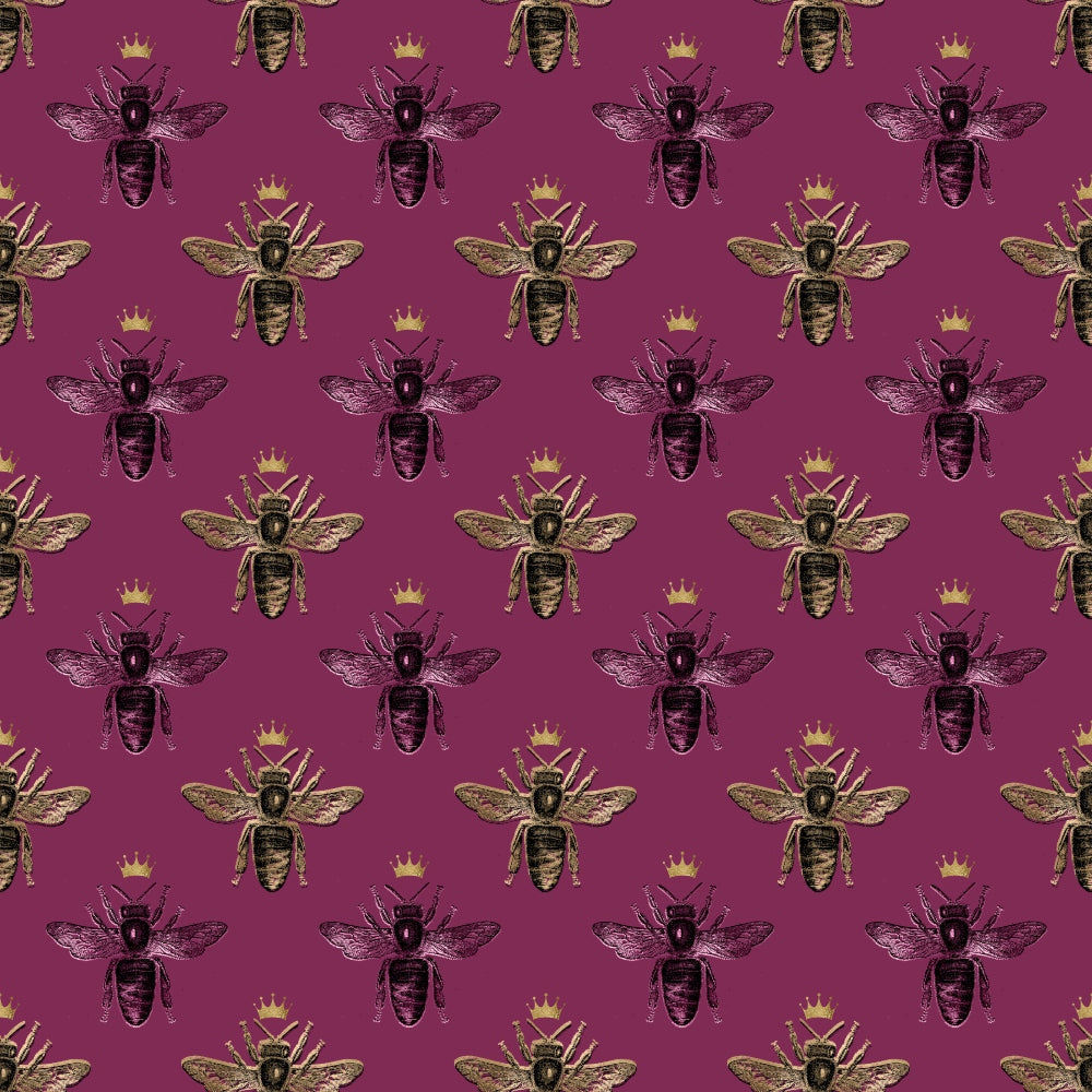burgundy, maroon, purple, gold, yellow, bees, insects, crowns, royal motif, repeating pattern, nature inspired, regal design,, fabric panel, wings, geometric arrangement, vintage style, elegant pattern, coordinating colors, crafting material