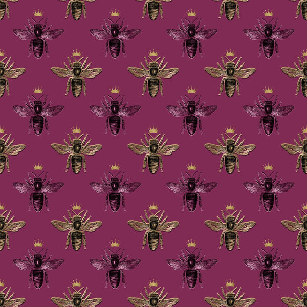 burgundy, maroon, purple, gold, yellow, bees, insects, crowns, royal motif, repeating pattern, nature inspired, regal design,, fabric panel, wings, geometric arrangement, vintage style, elegant pattern, coordinating colors, crafting material