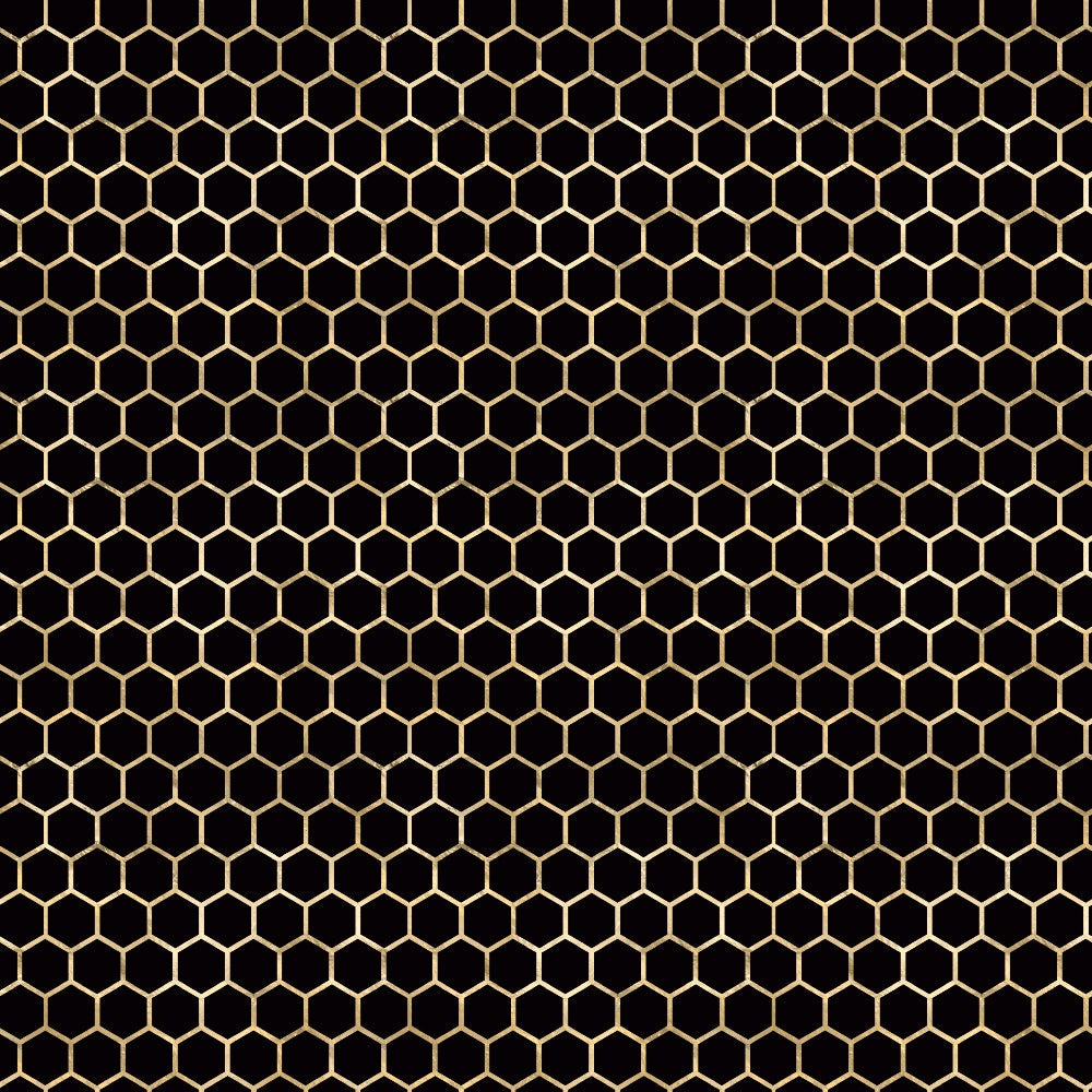 honeycomb pattern, geometric hexagons, golden yellow, black background, bee-inspired, nature motif,, fabric panel, repeating pattern, hexagonal grid, apiary theme, beehive structure, craft fabric, sewing material, contemporary design, insect theme, symmetrical pattern, tessellation, bright contrast, quilting project