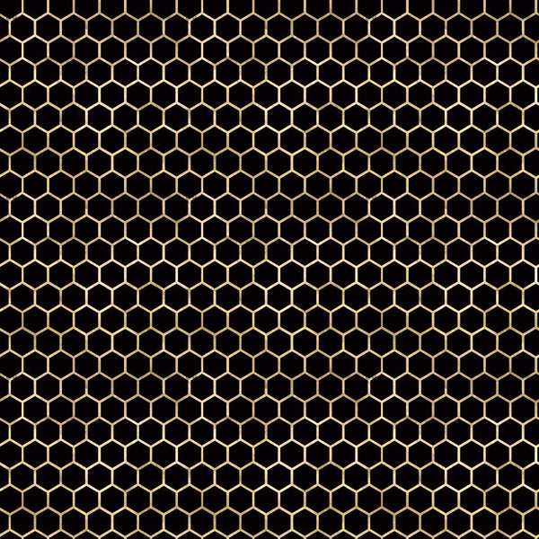 honeycomb pattern, geometric hexagons, golden yellow, black background, bee-inspired, nature motif,, fabric panel, repeating pattern, hexagonal grid, apiary theme, beehive structure, craft fabric, sewing material, contemporary design, insect theme, symmetrical pattern, tessellation, bright contrast, quilting project