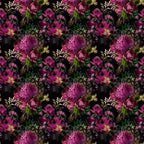 purple flowers, magenta roses, hydrangeas, golden bees, dark background, floral pattern, botanical design,, fabric panel, romantic florals, deep purple, emerald green, gold accents, vintage style, moody floral, bee motifs, garden theme, rich colors, repeating pattern, cotton fabric