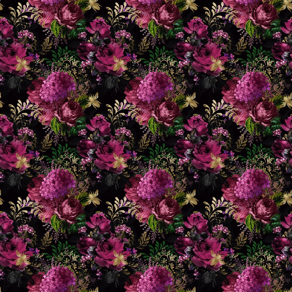 purple flowers, magenta roses, hydrangeas, golden bees, dark background, floral pattern, botanical design,, fabric panel, romantic florals, deep purple, emerald green, gold accents, vintage style, moody floral, bee motifs, garden theme, rich colors, repeating pattern, cotton fabric