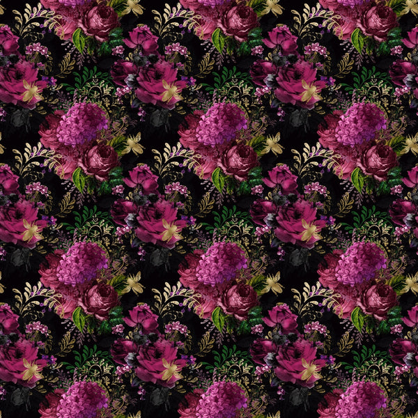 purple flowers, magenta roses, hydrangeas, golden bees, dark background, floral pattern, botanical design,, fabric panel, romantic florals, deep purple, emerald green, gold accents, vintage style, moody floral, bee motifs, garden theme, rich colors, repeating pattern, cotton fabric