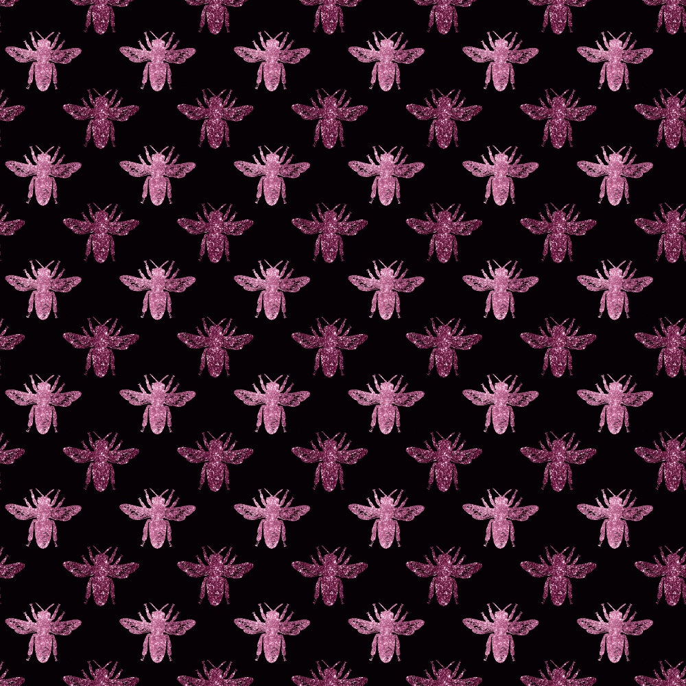 pink bees, magenta insects, black background, repeating pattern, bee motif,, fabric panel, winged creatures, honeybee design, geometric arrangement, craft fabric, sewing material, nature inspired, insect pattern, uniform spacing, textured appearance, crafting supplies, quilting project, bee silhouettes, contemporary design