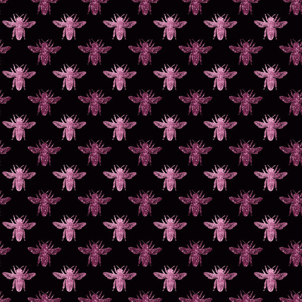 pink bees, magenta insects, black background, repeating pattern, bee motif,, fabric panel, winged creatures, honeybee design, geometric arrangement, craft fabric, sewing material, nature inspired, insect pattern, uniform spacing, textured appearance, crafting supplies, quilting project, bee silhouettes, contemporary design