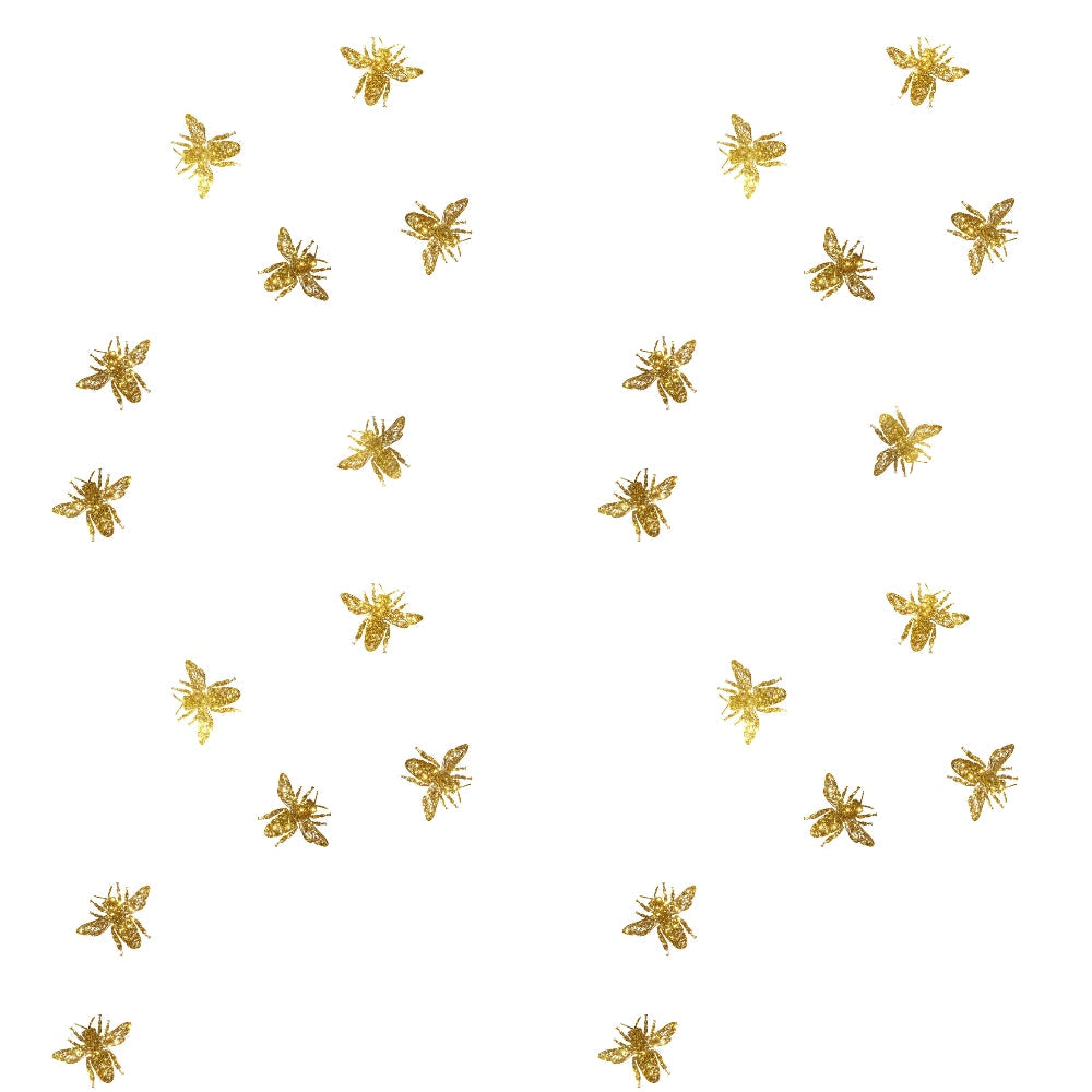 gold, yellow, white, bee pattern, honeybee, insect motif, scattered design, repeating pattern,, fabric panel, nature theme, spring motif, garden insects, metallic finish, craft fabric, sewing material, buzzing bees, pollinators, hexagonal wings, delicate illustration