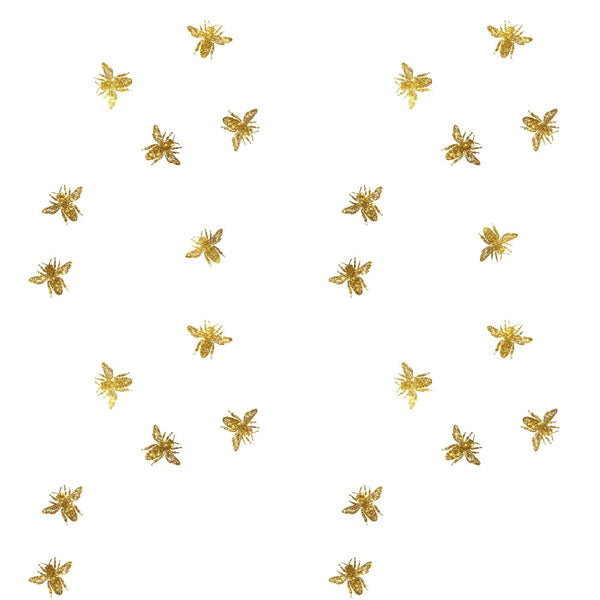 gold, yellow, white, bee pattern, honeybee, insect motif, scattered design, repeating pattern,, fabric panel, nature theme, spring motif, garden insects, metallic finish, craft fabric, sewing material, buzzing bees, pollinators, hexagonal wings, delicate illustration