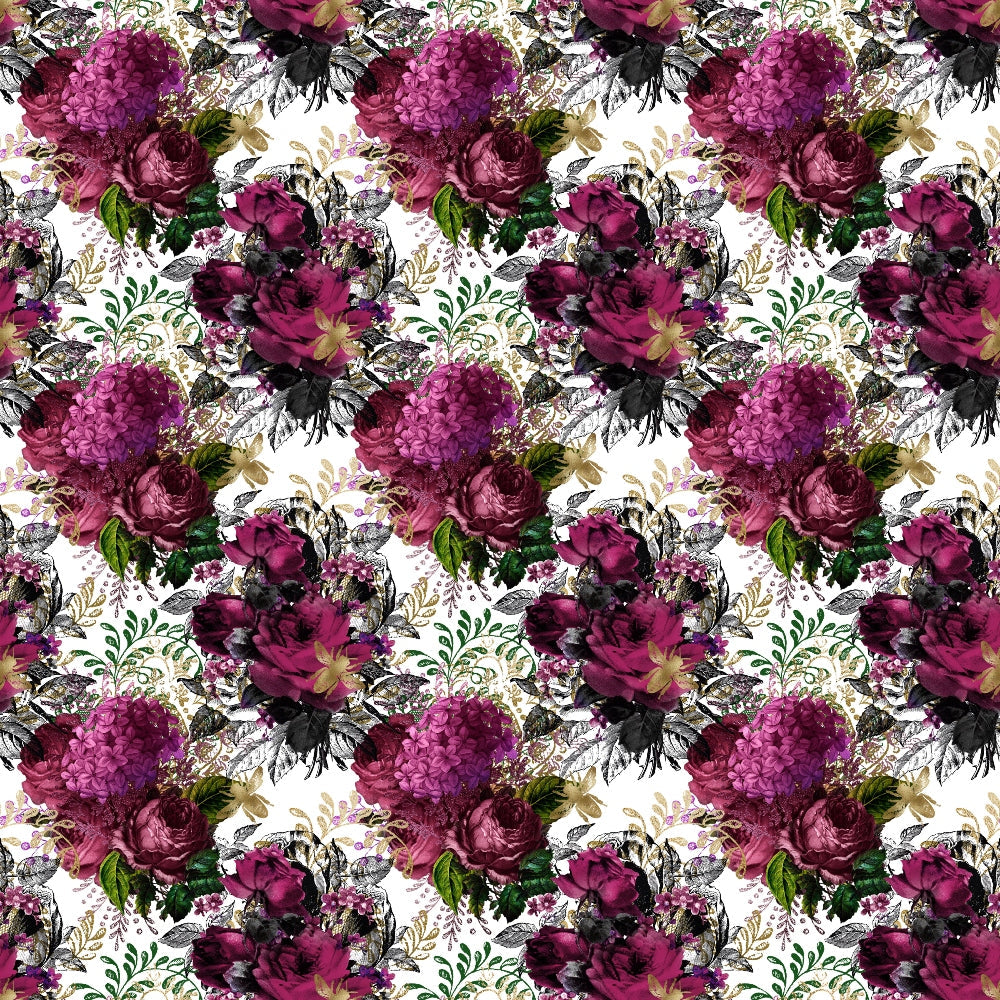 burgundy, magenta, deep purple, pink, green, black, white, floral pattern, roses, hydrangeas, peonies, botanical design, vintage flowers, ornate blooms,, fabric panel, romantic style, moody florals, rich colors, repeating pattern