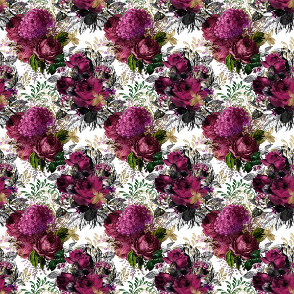 burgundy, magenta, deep purple, pink, green, black, white, floral pattern, roses, hydrangeas, peonies, botanical design, vintage flowers, ornate blooms,, fabric panel, romantic style, moody florals, rich colors, repeating pattern