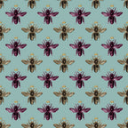 mint green, sage green, purple bees, brown bees, golden crowns, bee pattern, repeating design, insect motif, nature theme,, fabric panel, whimsical style, vintage illustration, royal bees, crowned insects, geometric arrangement, soft pastels, botanical design, craft fabric, sewing material