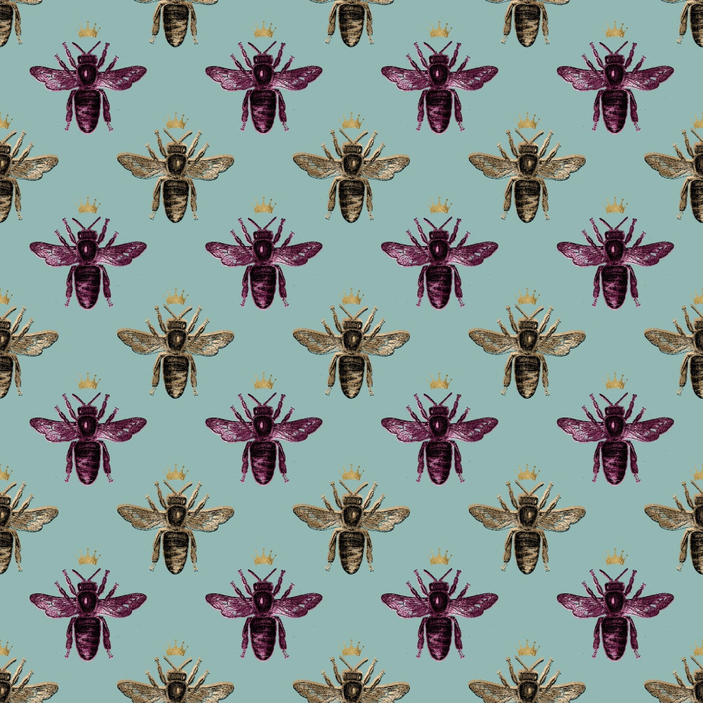 mint green, sage green, purple bees, brown bees, golden crowns, bee pattern, repeating design, insect motif, nature theme,, fabric panel, whimsical style, vintage illustration, royal bees, crowned insects, geometric arrangement, soft pastels, botanical design, craft fabric, sewing material