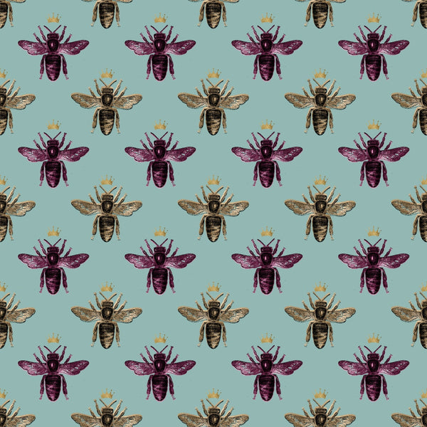 mint green, sage green, purple bees, brown bees, golden crowns, bee pattern, repeating design, insect motif, nature theme,, fabric panel, whimsical style, vintage illustration, royal bees, crowned insects, geometric arrangement, soft pastels, botanical design, craft fabric, sewing material