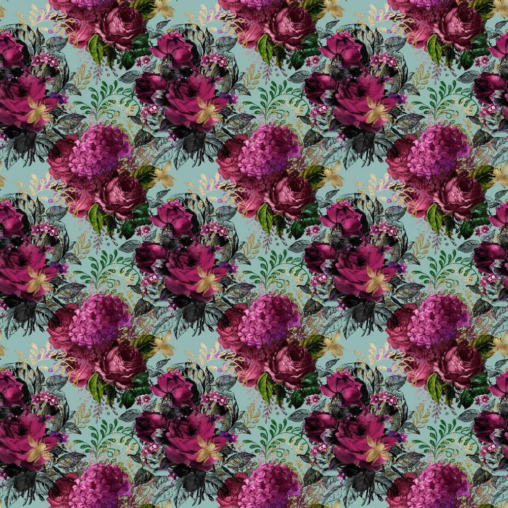 burgundy, magenta, purple flowers, sage green, mint background, floral pattern, roses, hydrangeas, botanical design, vintage style,, fabric panel, romantic florals, dark blooms, leafy vines, repeating pattern, moody floral, garden flowers, textile design, cotton fabric