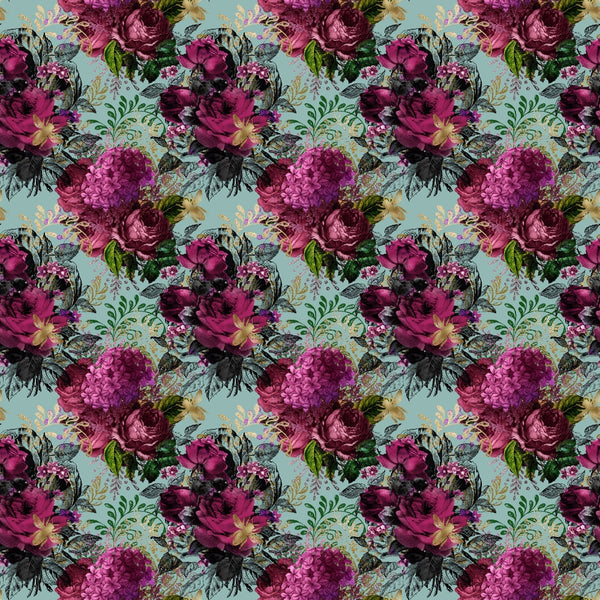 burgundy, magenta, purple flowers, sage green, mint background, floral pattern, roses, hydrangeas, botanical design, vintage style,, fabric panel, romantic florals, dark blooms, leafy vines, repeating pattern, moody floral, garden flowers, textile design, cotton fabric
