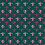 pink bees, emerald green, teal background, glitter texture, sparkly finish, bee pattern, insect motif, repeating design,, fabric panel, whimsical style, nature theme, honeybee silhouettes, geometric arrangement, craft fabric, sewing material, botanical insects, pink glitter, forest green, decorative bees