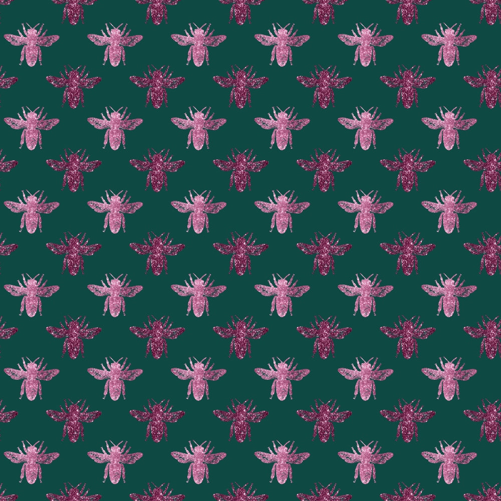 pink bees, emerald green, teal background, glitter texture, sparkly finish, bee pattern, insect motif, repeating design,, fabric panel, whimsical style, nature theme, honeybee silhouettes, geometric arrangement, craft fabric, sewing material, botanical insects, pink glitter, forest green, decorative bees