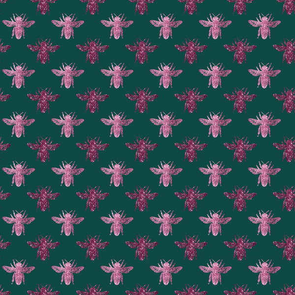 pink bees, emerald green, teal background, glitter texture, sparkly finish, bee pattern, insect motif, repeating design,, fabric panel, whimsical style, nature theme, honeybee silhouettes, geometric arrangement, craft fabric, sewing material, botanical insects, pink glitter, forest green, decorative bees