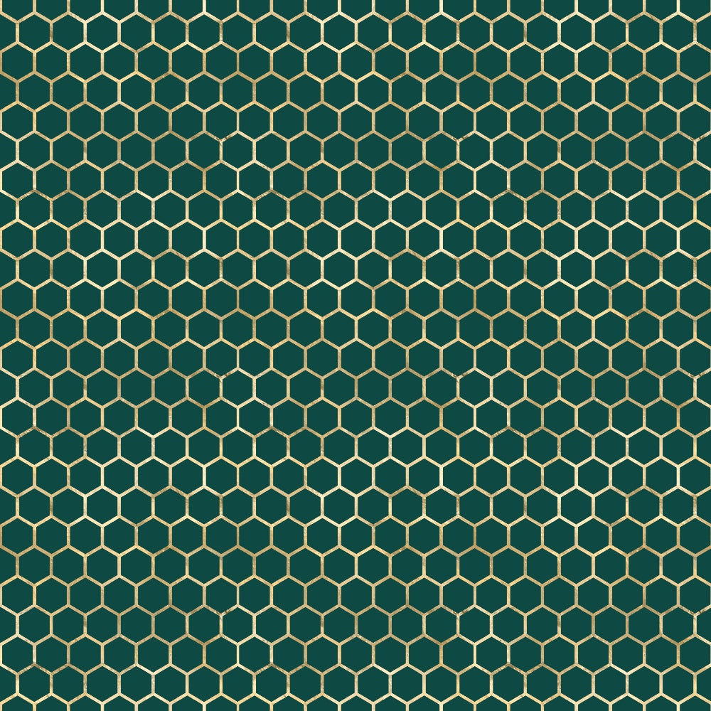 dark green, gold, honeycomb pattern, hexagonal design, geometric pattern, bee-inspired,, fabric panel, nature motif, repeating pattern, emerald green, golden yellow, beehive structure, modern geometric, craft fabric, sewing material, tessellation, uniform pattern, structured design