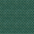 dark green, gold, honeycomb pattern, hexagonal design, geometric pattern, bee-inspired,, fabric panel, nature motif, repeating pattern, emerald green, golden yellow, beehive structure, modern geometric, craft fabric, sewing material, tessellation, uniform pattern, structured design
