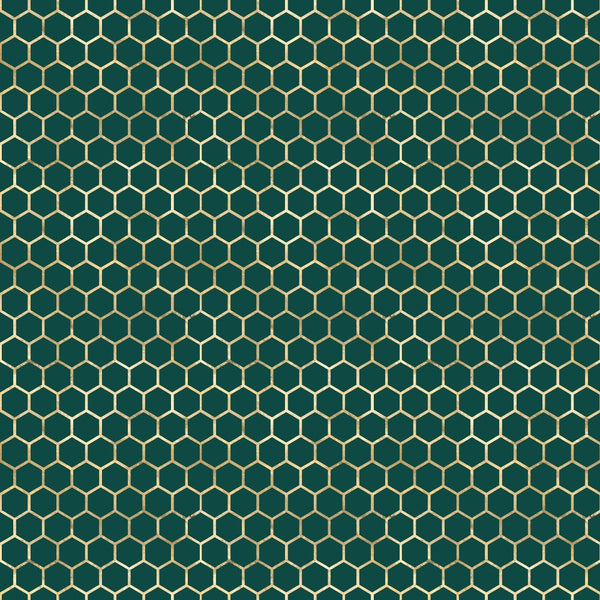 dark green, gold, honeycomb pattern, hexagonal design, geometric pattern, bee-inspired,, fabric panel, nature motif, repeating pattern, emerald green, golden yellow, beehive structure, modern geometric, craft fabric, sewing material, tessellation, uniform pattern, structured design