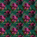 fabric panel, floral pattern, purple flowers, magenta blooms, teal background, dark green leaves, botanical design, repeating motif, roses, hydrangeas, vintage florals, rich colors, jewel tones, garden flowers, decorative blooms, fabric design, cotton material, floral arrangement, ornate flowers