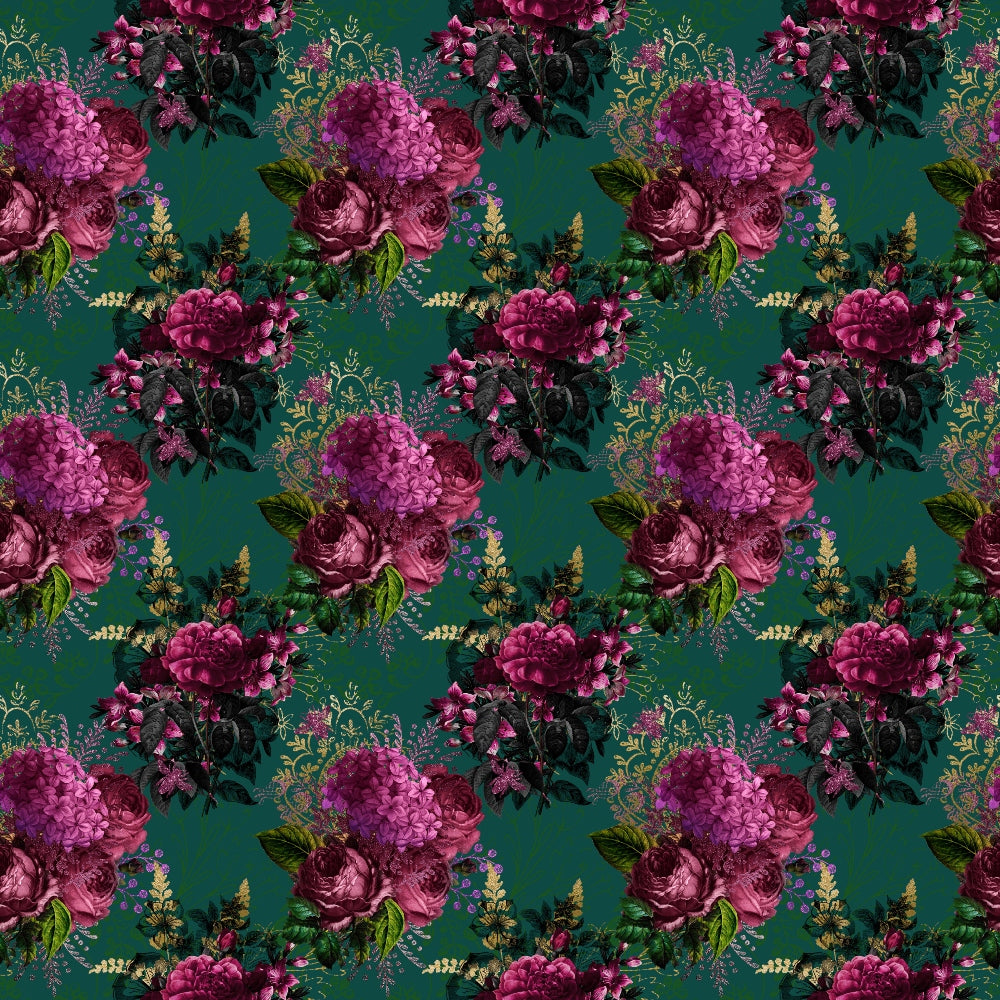 fabric panel, floral pattern, purple flowers, magenta blooms, teal background, dark green leaves, botanical design, repeating motif, roses, hydrangeas, vintage florals, rich colors, jewel tones, garden flowers, decorative blooms, fabric design, cotton material, floral arrangement, ornate flowers