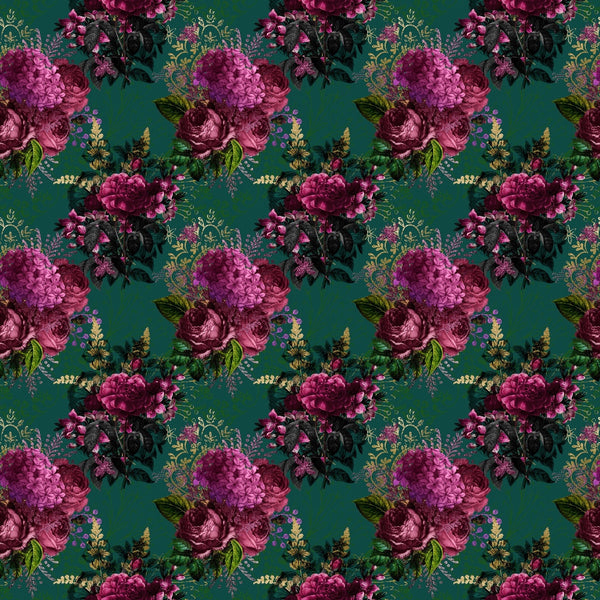 fabric panel, floral pattern, purple flowers, magenta blooms, teal background, dark green leaves, botanical design, repeating motif, roses, hydrangeas, vintage florals, rich colors, jewel tones, garden flowers, decorative blooms, fabric design, cotton material, floral arrangement, ornate flowers