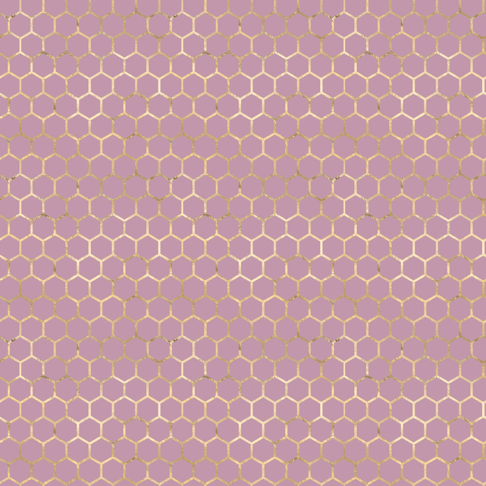purple, mauve, gold, yellow, hexagon pattern, honeycomb, geometric, bee-inspired,, fabric panel, repeating pattern, nature motif, hive design, lavender background, golden outlines, modern geometric, crafting material, sewing fabric, beehive structure, tessellation
