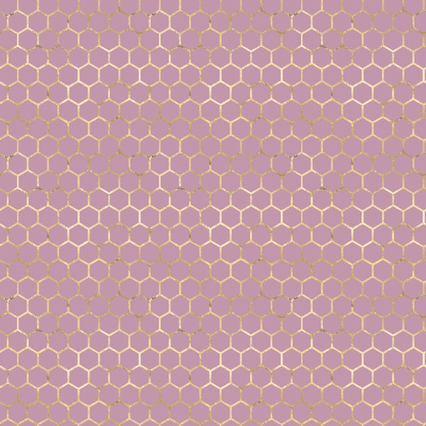 purple, mauve, gold, yellow, hexagon pattern, honeycomb, geometric, bee-inspired,, fabric panel, repeating pattern, nature motif, hive design, lavender background, golden outlines, modern geometric, crafting material, sewing fabric, beehive structure, tessellation