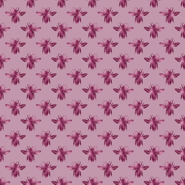 pink, mauve, lavender, bee pattern, honeybee, insect motif, repeating design,, fabric panel, nature inspired, spring theme, pollinator, wings, geometric arrangement, monochromatic, soft palette, crafting material, sewing fabric, buzzing bees, floral companion