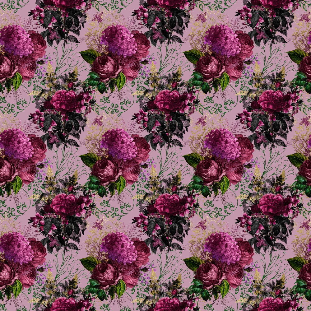 burgundy, magenta, purple, pink, lavender, floral pattern, roses, hydrangeas, botanical, leaves, vines, vintage style, romantic, elegant,, fabric panel, repeating pattern, garden flowers, ornate, decorative motifs