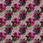 burgundy, magenta, purple, pink, lavender, floral pattern, roses, hydrangeas, botanical, leaves, vines, vintage style, romantic, elegant,, fabric panel, repeating pattern, garden flowers, ornate, decorative motifs