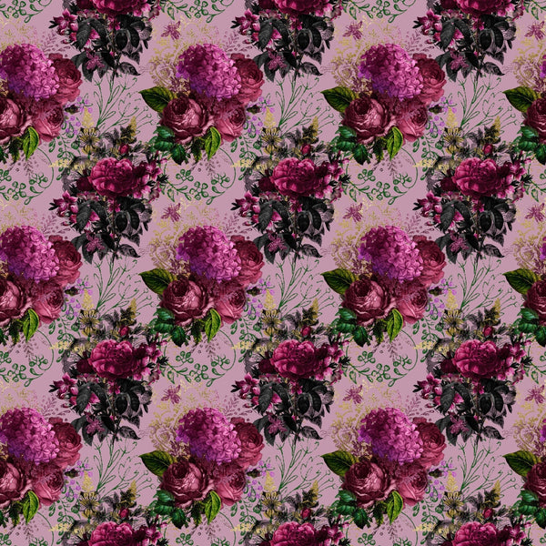 burgundy, magenta, purple, pink, lavender, floral pattern, roses, hydrangeas, botanical, leaves, vines, vintage style, romantic, elegant,, fabric panel, repeating pattern, garden flowers, ornate, decorative motifs