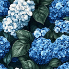 blue hydrangeas, white flowers, navy blue, light blue, deep green leaves, tropical foliage, botanical pattern, floral clusters, nature motif,, fabric panel, lush garden, summer blooms, realistic flowers, dense florals, botanical print, gardening theme, flower clusters, green foliage, cottage garden