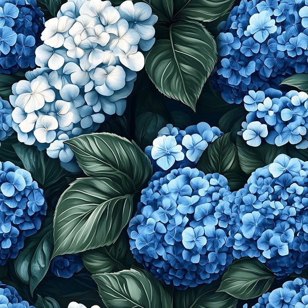blue hydrangeas, white flowers, navy blue, light blue, deep green leaves, tropical foliage, botanical pattern, floral clusters, nature motif,, fabric panel, lush garden, summer blooms, realistic flowers, dense florals, botanical print, gardening theme, flower clusters, green foliage, cottage garden
